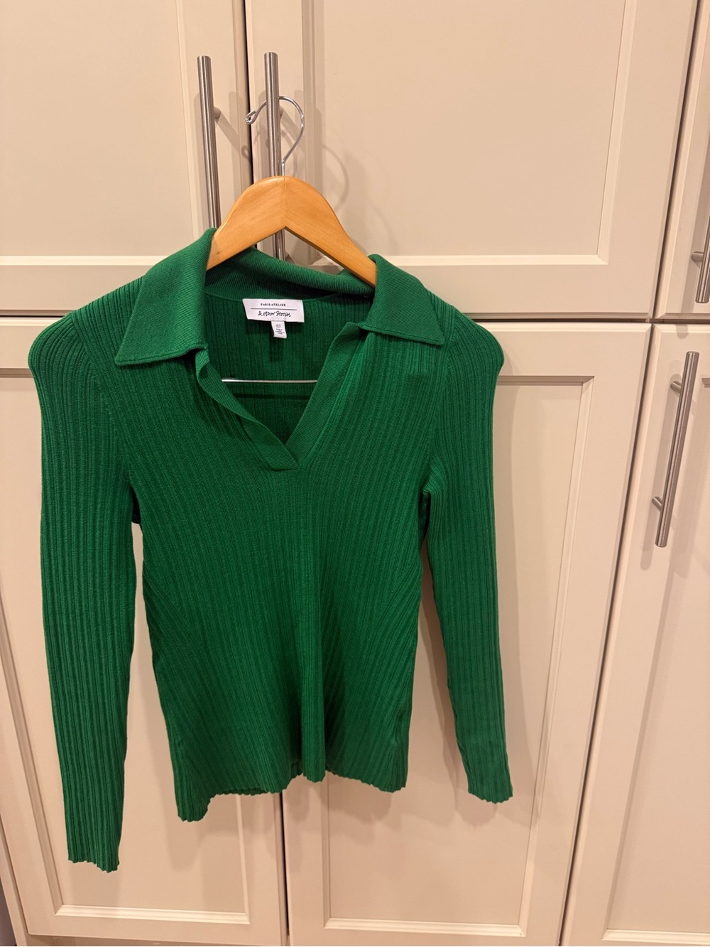 & Other Stories Emerald Green Ribbed V-Neck Polo Sweater